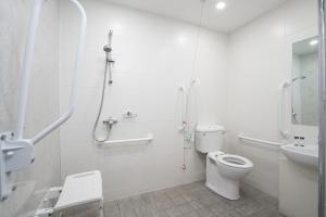 a bathroom with a shower and a toilet and a sink at Strangford Arms Hotel in Newtownards
