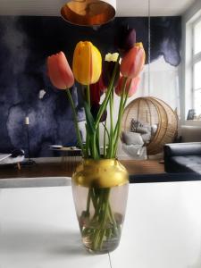 um vaso cheio de flores sentado numa mesa em Chambre d 'hôtes Chez Manon et Hugo em Béthune
