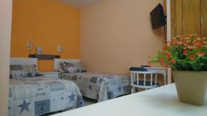 una habitación con 2 camas y una mesa con un jarrón de flores en Hostal Don Jaime I y II, en Segovia