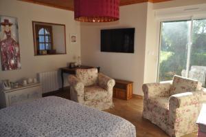 1 Schlafzimmer mit 2 Stühlen, einem Bett und einem TV in der Unterkunft Ma maison bleue in Saint-Brice-sous-Rânes