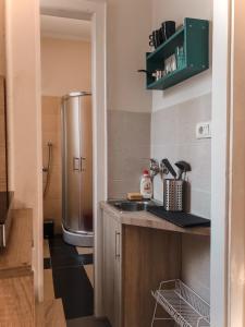 a kitchen with a sink and a refrigerator at Apartman Tara in Belgrade