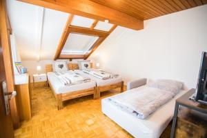 a attic bedroom with two beds and a skylight at Auszeit im Schwarzwald in Lenzkirch