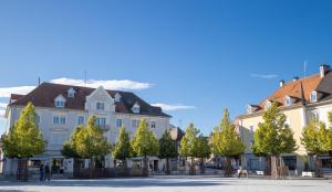 a street in a town with buildings and trees at Modern Living in Huningue