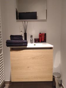 uma cozinha com lavatório e um balcão com toalhas em The 0507 A Luxury Flat in Antwerp em Antuérpia
