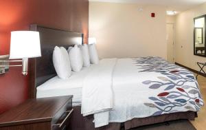 a hotel room with a bed and a table and a lamp at Red Roof Inn Gaffney in Gaffney