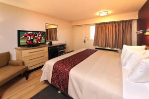 a hotel room with a bed and a flat screen tv at Red Roof Inn Harrisburg - Hershey in Harrisburg