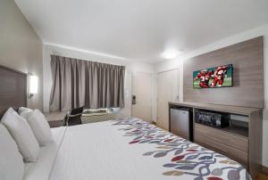 ein Hotelzimmer mit einem Bett und einem Flachbildfernseher in der Unterkunft Red Roof Inn San Antonio E - Frost Bank Center in San Antonio + 25 Fotos
