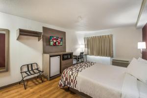 a hotel room with a bed and a chair at Red Roof Inn Rochester - Airport in Rochester
