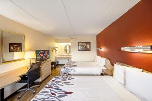 Habitación de hotel con 2 camas y escritorio en Red Roof Inn Akron en Akron