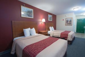a hotel room with two beds with red walls at Red Roof Inn & Suites Dickinson in Dickinson