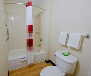 a bathroom with a white toilet and a shower at Red Roof Inn Albany Airport in Albany