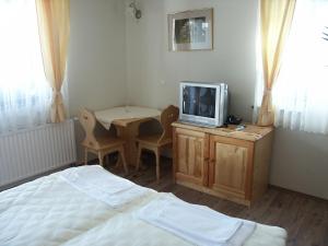 1 dormitorio con cama, mesa y TV en Pri Lazarju Farm Stay en Podgrad