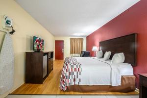 a hotel room with a large bed with a red wall at Red Roof Inn Sylacauga in Sylacauga