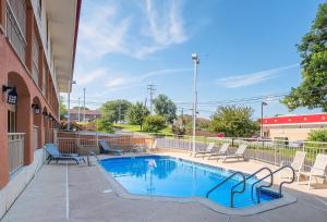 a swimming pool with lounge chairs next to a building at Red Roof Inn Lancaster in Lancaster