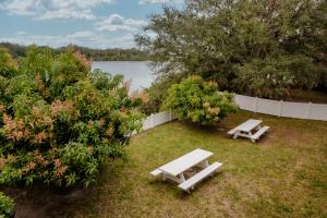 dos mesas de picnic en el césped junto a un lago en Red Roof Inn Ellenton - Bradenton NE en Ellenton