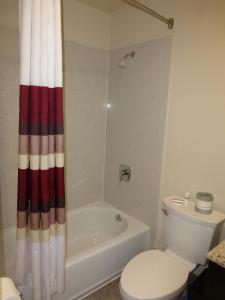 y baño con aseo blanco y cortina de ducha. en Red Roof Inn Hayward, en Hayward