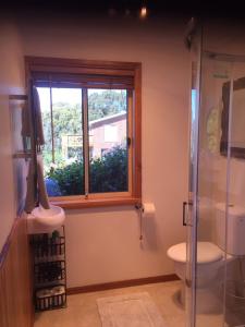 a bathroom with a toilet and a window at Bicheno Bell in Bicheno