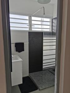 a small bathroom with a sink and a shower at Appartement vue mer et montagne à 100m de la plage in Le Gosier
