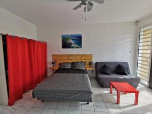 a bedroom with a bed and a couch and a red curtain at Appartement vue mer et montagne à 100m de la plage in Le Gosier
