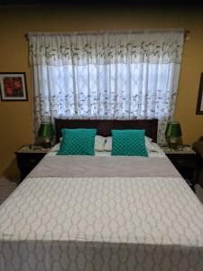 Santa CruzにあるUltimate Freedom Bed and Breakfastのベッドルーム1室(大型ベッド1台、緑の枕付)