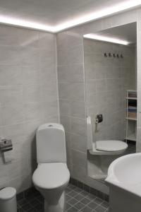 bagno con servizi igienici bianchi e lavandino di Helsinki Hideaway a Helsinki