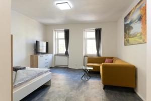 - une chambre avec un lit, un canapé et une télévision dans l'établissement Apartsee Wellness Plzeň, à Plzeň