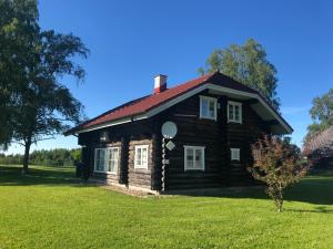 a log cabin with a red roof on a green field at Tuule Countryhouse in Päidla