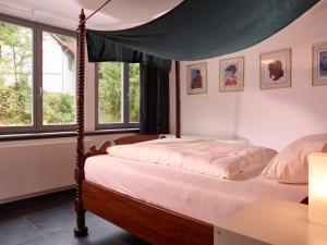 a bedroom with a canopy bed and windows at Luxusapartment Burgschänke in Kaiserslautern +48 photos
