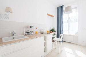 biała kuchnia ze zlewem i blatem w obiekcie Piotrkowska Welcome Apartments w Łodzi