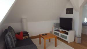 a living room with a couch and a tv at Ferienwohnung Zellner in Deggendorf