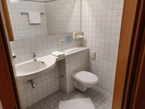 La salle de bains est pourvue d'un lavabo et de toilettes. dans l'établissement Landgasthof Hotel Grüner Baum, à Nuremberg