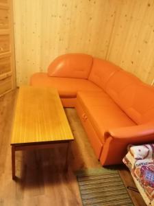 ein orangefarbenes Sofa und einen Tisch in einem Zimmer in der Unterkunft Świerkowe Zacisze Domki in Budzów