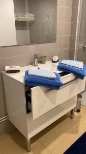 W łazience znajduje się umywalka z niebieskimi ręcznikami. w obiekcie GITE DE KRAOU-KERGUELEN w mieście Larmor-Plage