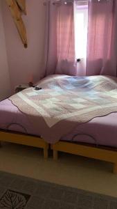 łóżko w sypialni z fioletowymi zasłonami i oknem w obiekcie GITE DE KRAOU-KERGUELEN w mieście Larmor-Plage