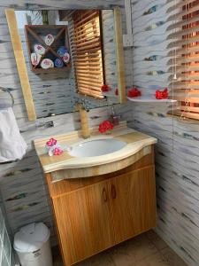 y baño con lavabo y espejo. en Orchid Sunset Guest House en Baie Lazare Mahé