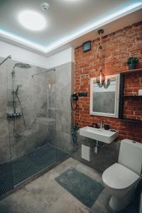 uma casa de banho com um chuveiro, um WC e um lavatório. em Bahnhofs hotel em Alūksne