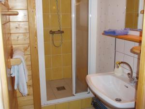 y baño con ducha y lavamanos. en Ferme du Haut Barba, en Liézey