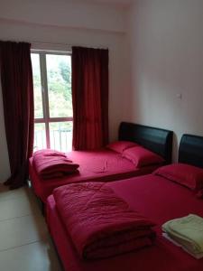 Galina Somersquare Goldenhills Aprt Pasar Malam Cameron Highlands في برينشانغ: ثلاثة أسرة في غرفة مع نافذة +14 صورة