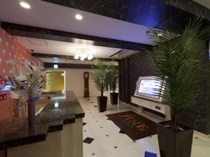 an office lobby with potted plants and a tv at Hotel Fine Garden Suzuka in Suzuka