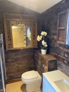 La salle de bains est pourvue de toilettes, d'un lavabo et d'un miroir. dans l'établissement Willow Court Farm Studio East & Petting Farm, 8 mins to Legoland & Windsor, 15 mins to Lapland UK, à Windsor