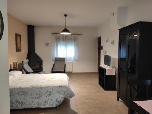 a bedroom with a bed and a flat screen tv at Complejo Apartamentos Rurales Molino de Abajo in Ribera Baja