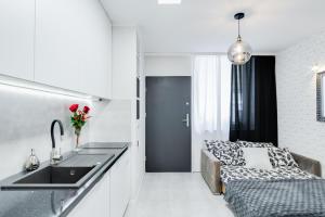 una cucina con lavandino e un letto in una camera di Crystal Apartment Katowice IV a Katowice