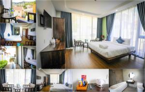 een collage van foto's van een hotelkamer bij Đà Lạt Mega Sky Hotel in Da Lat