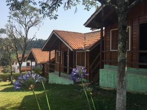 a row of cottages with purple flowers in front of them at Chalés Eucaliptos -Recanto da Neusa- in Monte Verde