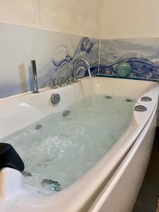 a bath tub with water coming out of it at Eifelstein, Apartment mit Whirlpool und Ofen in Dahlem