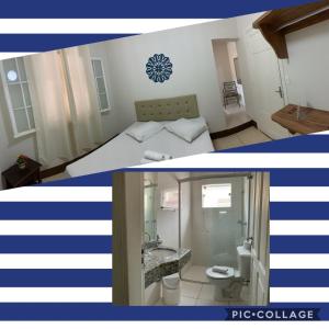 two pictures of a bedroom with a bed and a bathroom at Hotel Vila Real Rex in Poços de Caldas