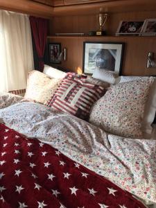 - un lit avec une couette et des oreillers rouges dans l'établissement Husvagn i Hundfjället Sälen, à Sälen
