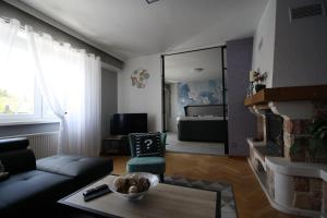 a living room with a couch and a fireplace at Villa Faby, Jacuzzy Sauna privatif in Saint-Maurice