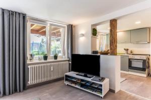 a living room with a tv and a kitchen at Ferienwohnung Schweizer in Gaienhofen