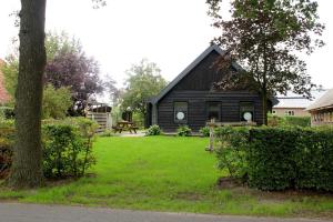 Noord-Sleenons huusie的一座带绿色草坪的庭院的黑色房子